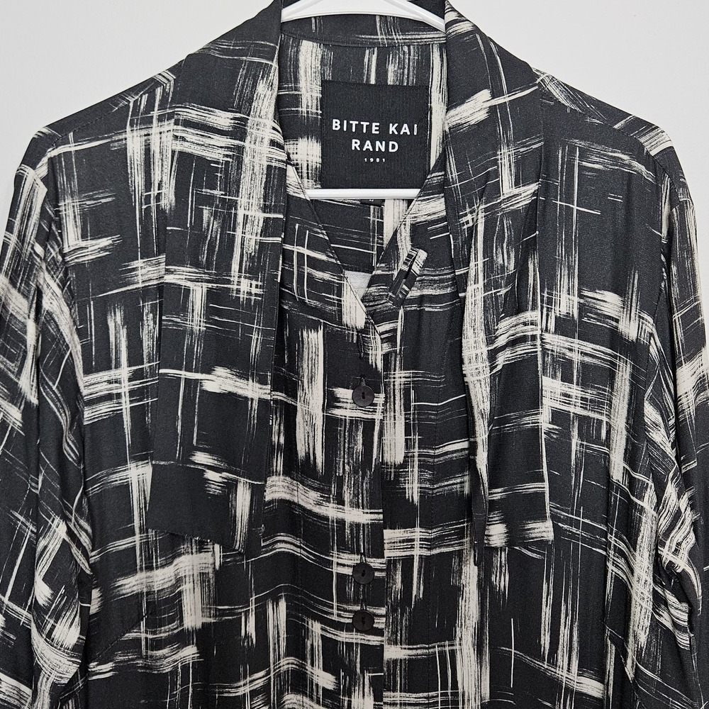 Bitte Kai Rand Shirt Dress Sz L Black Beige Brush Buttons Pockets Neck Tie - Picture 3 of 9